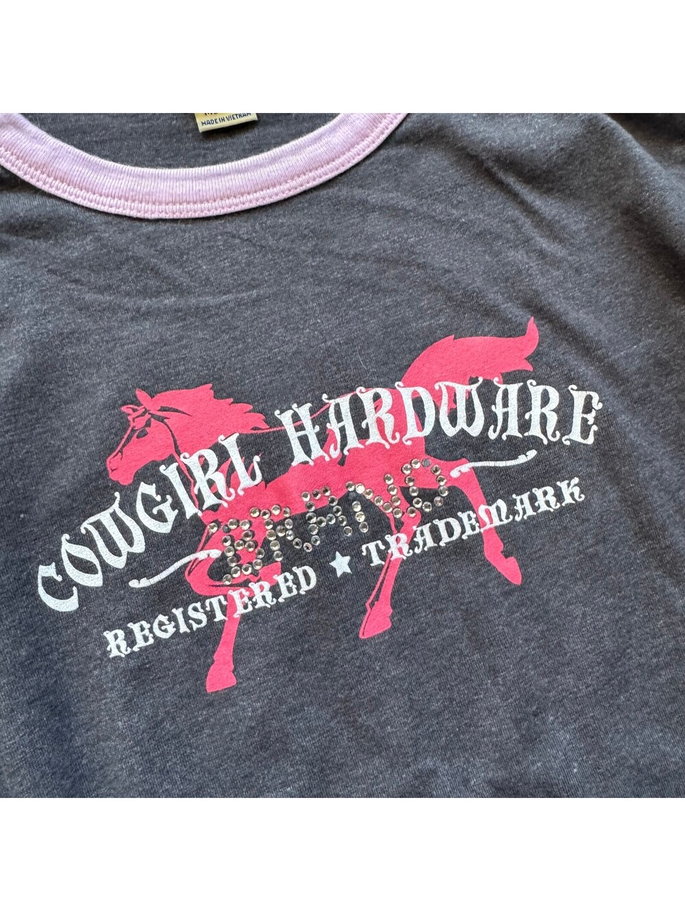 Vintage Y2K Cowgirl Hardware Horse Graphic Layered L/S Gray Pink Tee Size M - Picture 2 of 5